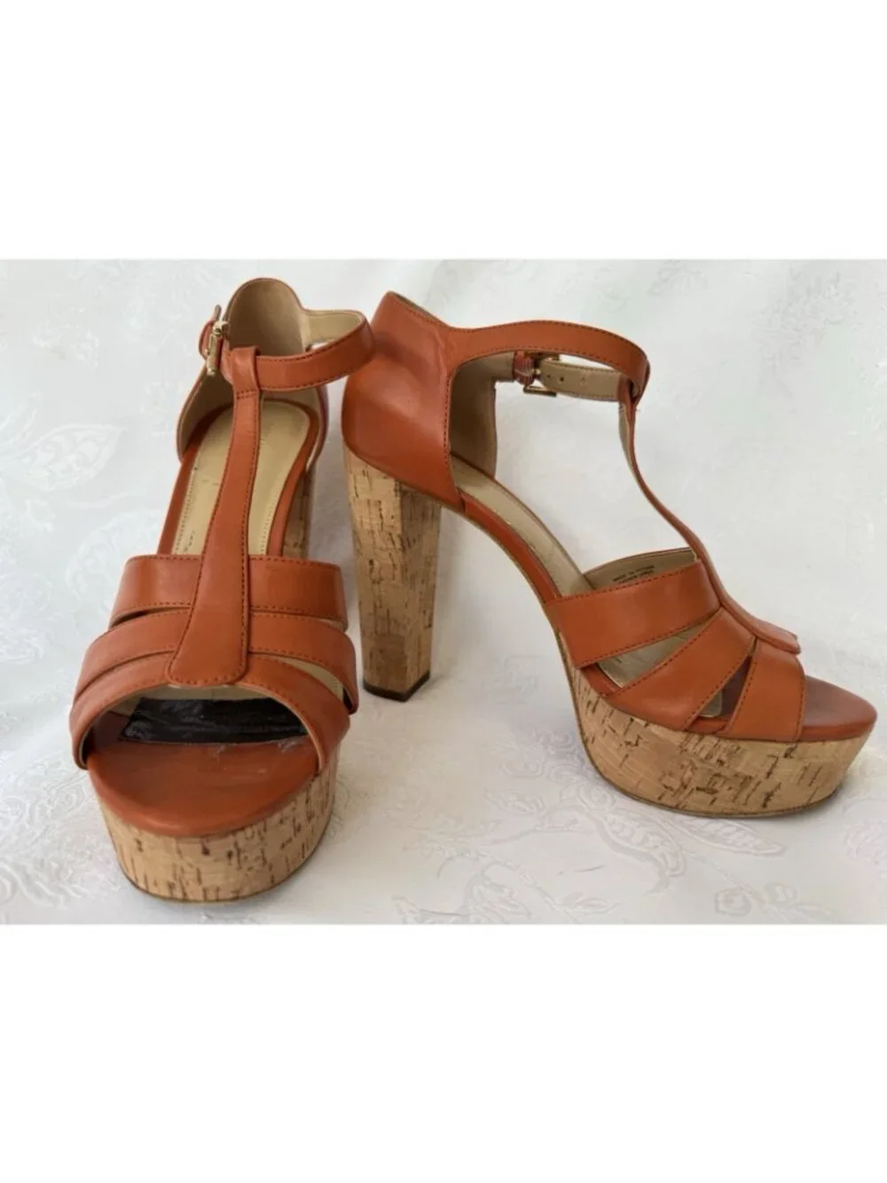 Michael Kors Mercer Platform Heels Cork & Leather Orange Women's Size 7 1/2